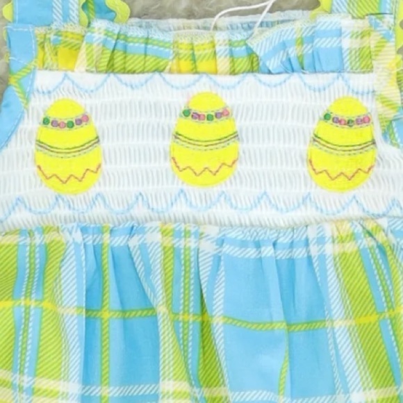 Marie Nicole Unisex Blue/yellow plaid Easter egg smocked bubble romper 0-3 month - Picture 2 of 4